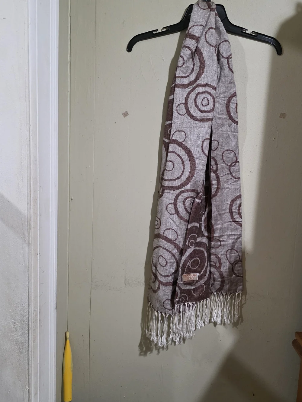 pashmina Light Gray and Brown Circular Pattern Fringe Wrap